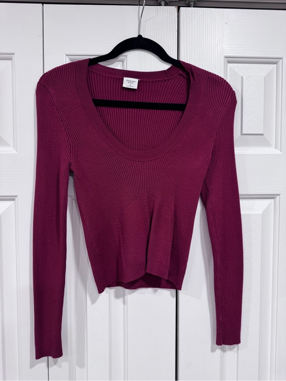 Abercrombie & Fitch Ribbed Scoop Neck Long Sleeve Top - Berry
